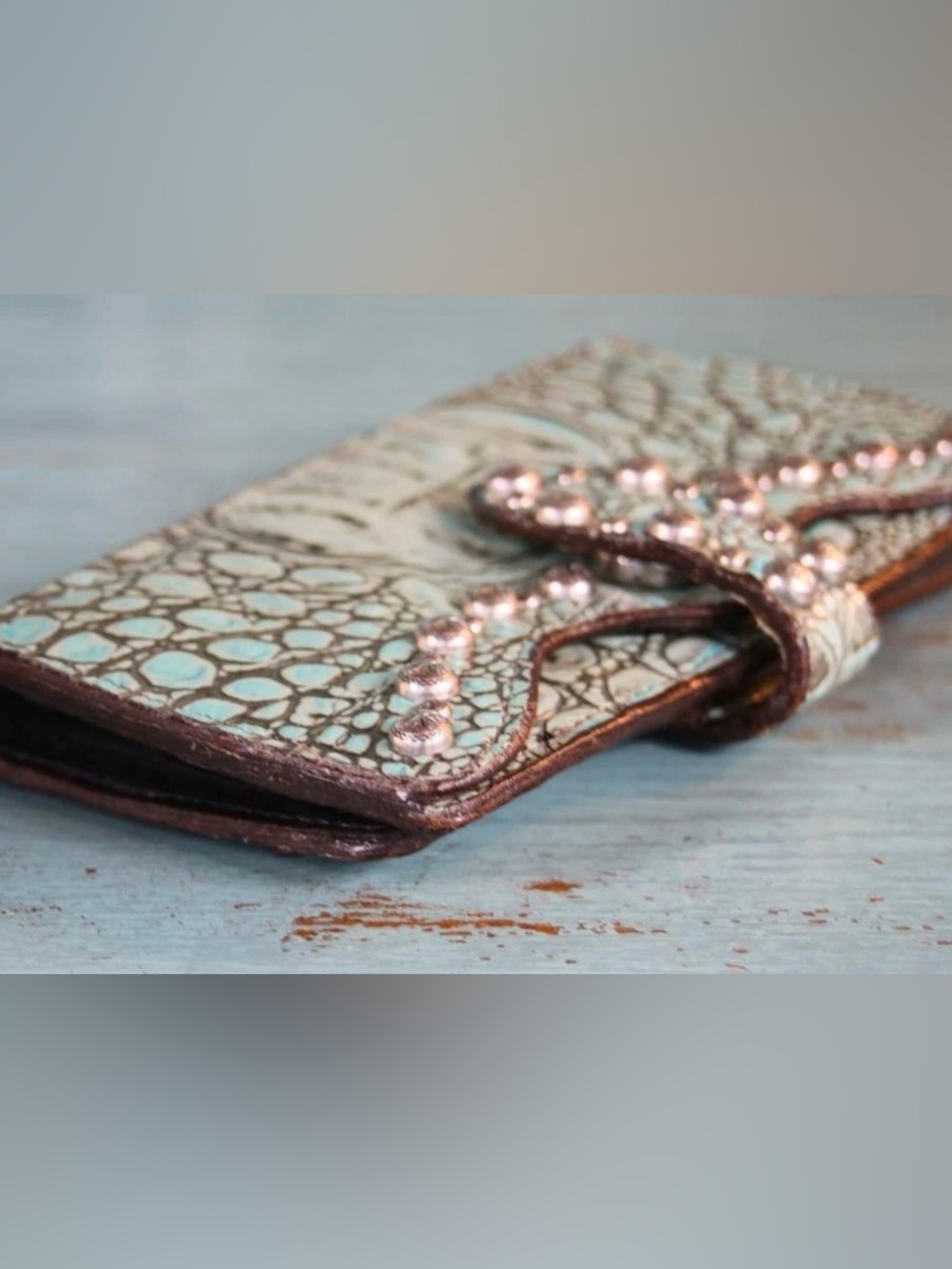 Vintage Double J Saddlery Hand Crafted Turquoise Crocodile Wallet Engraved Studs - Picture 8 of 11